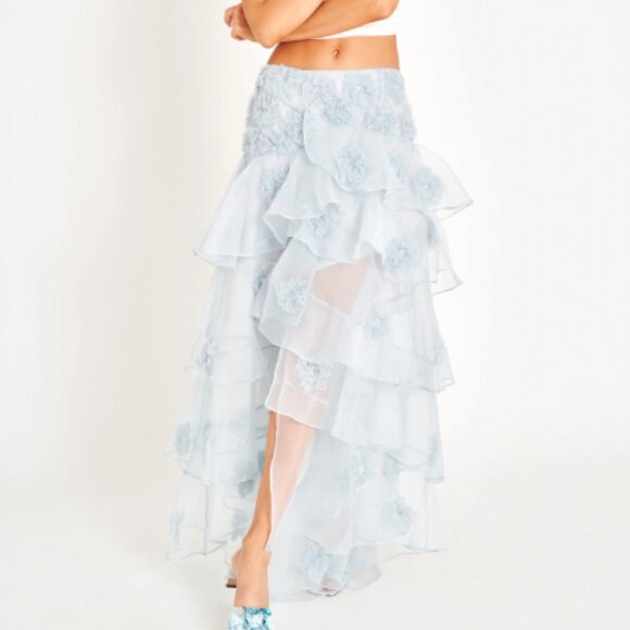 LoveShackFancy Light Blue Layered Skirt - Grover Tiered Floral Appliqué Skirt - Picture 5 of 8